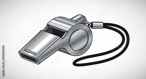 Silver Metal Whistle with Black Lanyard Isolated on White Background Vector Illustration