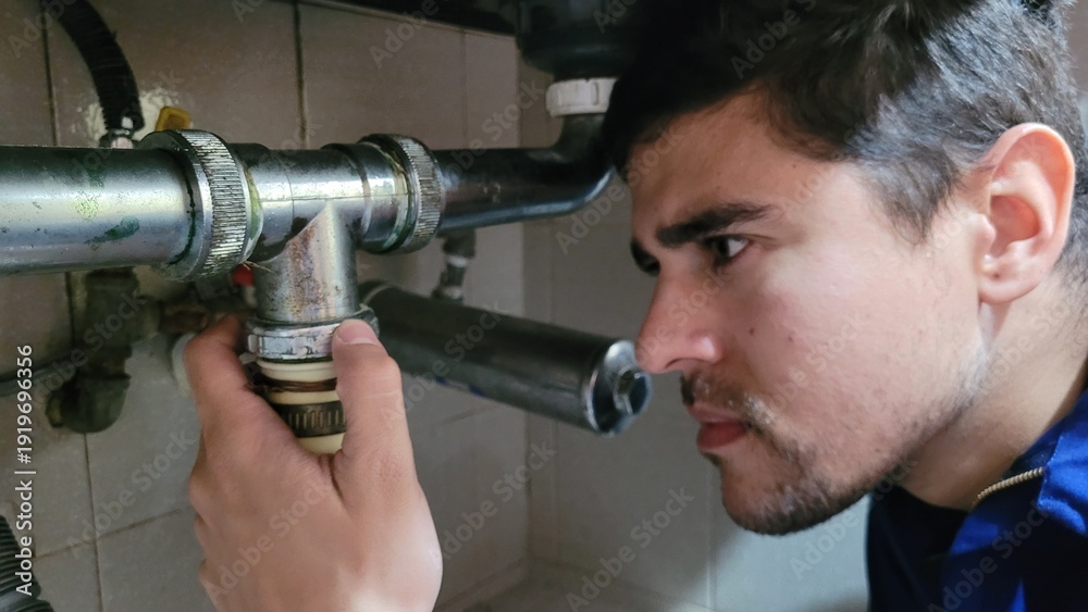 © NoblePix - Man inspecting plumbing under sink, focusing on a pipe connection for potential leaks © NoblePix - Man inspecting plumbing under sink, focusing on a pipe connection for potential leaks