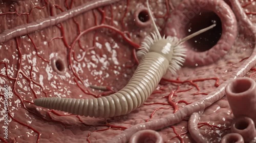 Microscopic worm wriggling through human tissue with blood vessels and pores