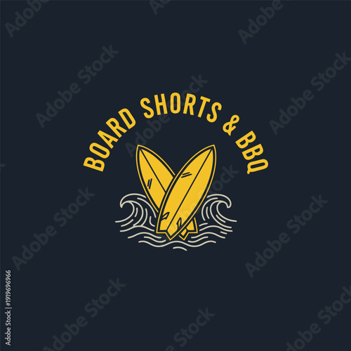 Board Shorts and BBQ Logo Featuring Surfboards and Waves.