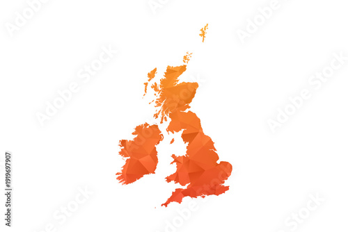 United Kingdom Map - Polygon Style Vector Illustration in Orange Gradient, Low Poly Geometric Design, Isolated on White Background for Infographics and Education.