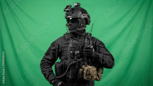 Special Forces Operator in Black Tactical Gear with Radio on Green Screen