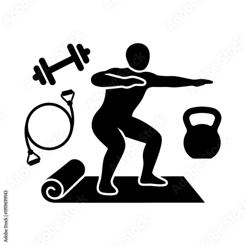 Strength and Wellness: A silhouette of a person engaging in strength training exercises, with a focus on fitness equipment emphasizing the path to wellness.