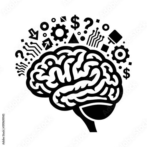 Brainstorm of Ideas: A conceptual illustration showing a stylized brain emanating thought bubbles filled with gears, question marks, and dollar signs, illustrating the complex process of thinking.