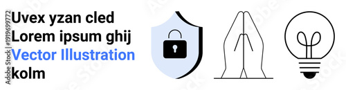 Cybersecurity, spirituality, innovation, prayer , design, conceptual . A shield with a lock, praying hands and lightbulb icons. Cybersecurity and spirituality themes concept