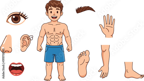 Human body anatomy set with male character in shorts, eye, ear, nose, open mouth, hand and foot isolated on white background.