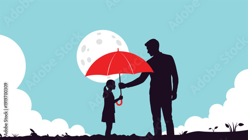 Silhouette of a caring father holding a bright red umbrella over his daughter to protect her from the elements on a moonlit night.