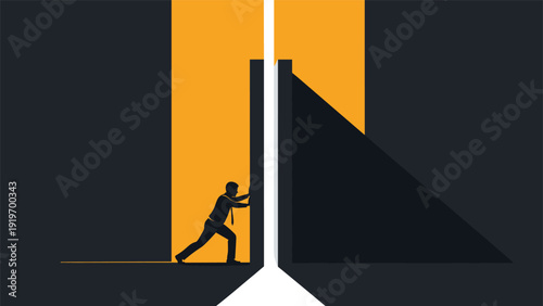 Determined businessman pushing apart two massive dark walls to reveal a bright path of light representing breakthrough and innovation.