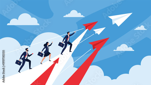 Group of business professionals flying through the clouds on red and white paper airplanes representing innovation, ambition, and growth.