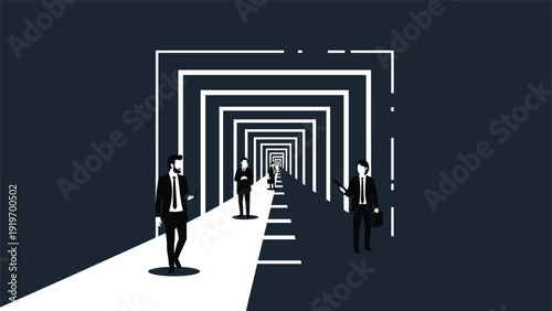 Business professionals walking through a series of geometric frames in a perspective tunnel, symbolizing a structured career path.