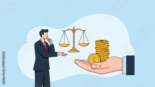 Thinking businessman evaluates a balance scale and a hand holding gold coins, representing financial decision making and value.