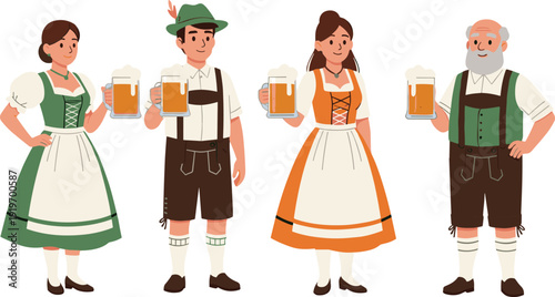 Oktoberfest set with people in traditional Bavarian dirndl and lederhosen holding beer mugs isolated on white background.