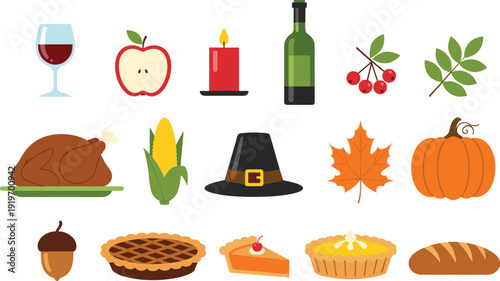Thanksgiving set with roasted turkey, pumpkin pie, corn, autumn leaf, pilgrim hat and wine bottle isolated on white background.