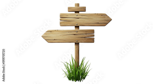 Wooden signpost with two arrows pointing left and right surrounded by green grass