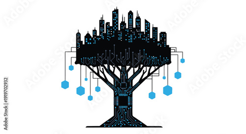 A futuristic tree composed of a city skyline and digital circuits ideal for tech themes on transparent background silhouette high quality