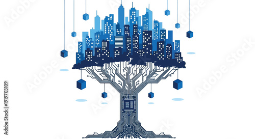A futuristic cityscape depicted as a tree integrating technology and nature on transparent background silhouette high quality professional detailed modern elegant