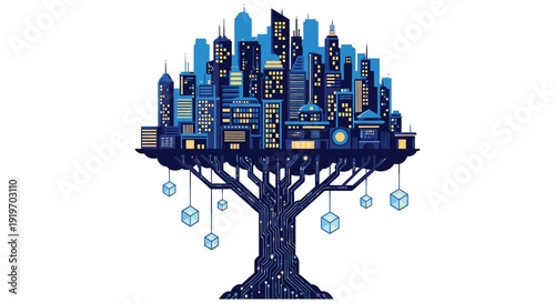 A futuristic cityscape formed as a tree with detailed buildings and branches ideal for design projects on transparent background silhouette