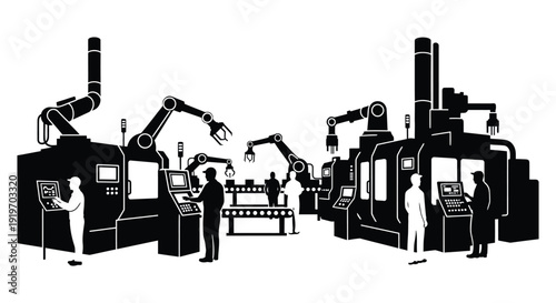 A detailed black silhouette of a modern automated factory with robotic arms and workers on transparent background high quality professional elegant