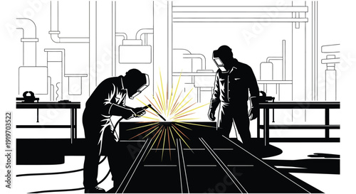 A black and white illustration depicts two welders working on a rail line ideal for designs on transparent background silhouette