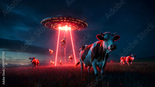 Cinematic ufo abducting herd of cows in night field with glowing red light beams and starry sky