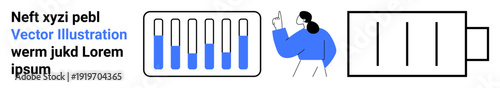 Woman gesturing near battery indicator with varied charge levels. Ideal for energy management, sustainability, renewable energy, environment, resource optimization, technology, simple landing page