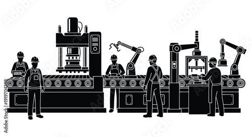 A detailed factory scene depicting workers and automated machinery ideal for industrial design on transparent background silhouette high quality professional modern