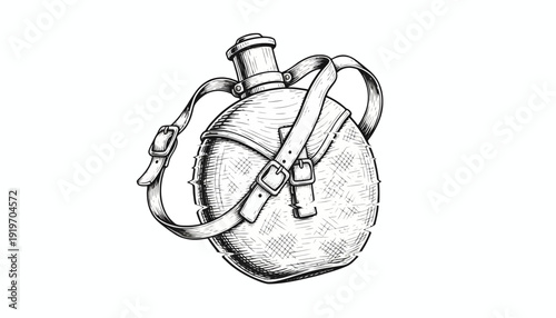 Vintage Canteen with Leather Strap, Hand-Drawn Sketch Style