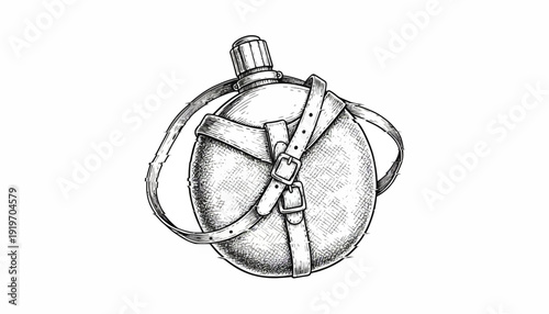 Vintage Canteen with Leather Straps and Buckles, Sketch Style