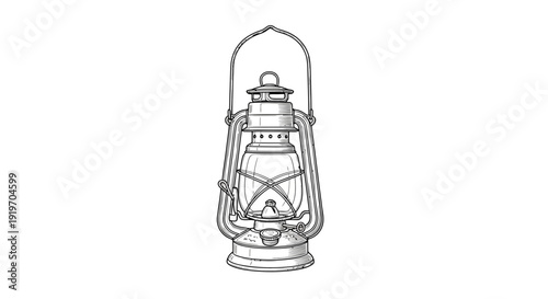 Vintage kerosene lantern, old oil lamp, retro lighting, sketch illustration, isolated on white background