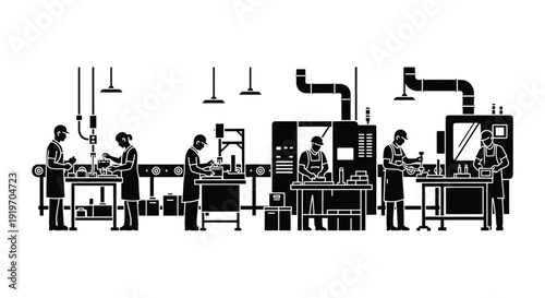 An industrial factory scene depicting workers at machinery showcasing a unique design on transparent background silhouette high quality professional detailed modern