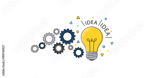 Creative thinking icon with gears and light bulb, inspiration symbol. Includes idea, innovation, imagination concepts. Created in colorful outline style with yellow and blue palette.