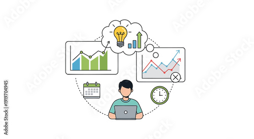 Businessman with creative thinking vector icon. Includes lightbulb, graphs, calendar, and clock symbols. Created in flat style with colorful palette.