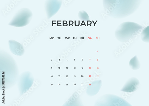 Monthly wall calendar with nature elements. February 2026 minimal calendar template, week starts Monday.