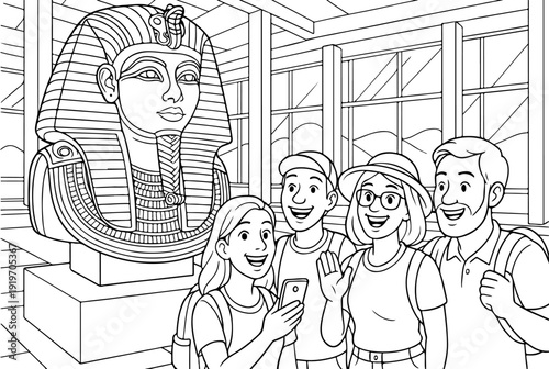 golden mask of Tutankhamun hand drawn vector illustration doodle art line art coloring page for kids