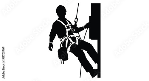 A black silhouette of a rock climber rappelling down a cliff face equipped with safety gear on transparent background high quality