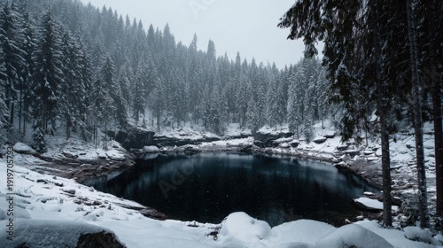 A dramatic image of a black lake in a forest that is covered with snow with at the front of the image a lot of snow
