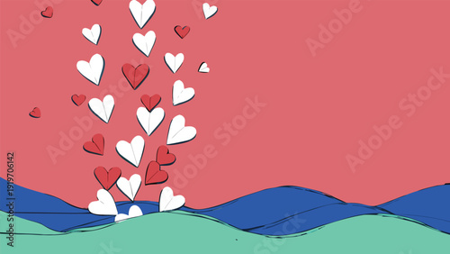 White and red paper hearts fall like rain onto a rolling landscape in a stylized illustration