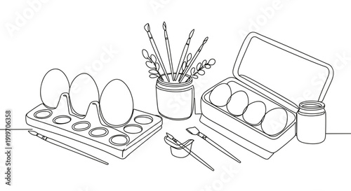 Line drawing of eggs in a carton with a jar and paintbrush on a table