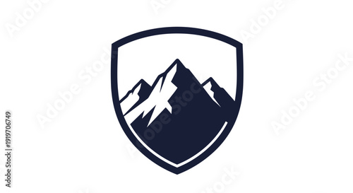 Shield Icon with Mountain Illustration Inside.