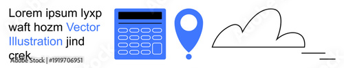 Technology, navigation, cloud computing, education tools, digital apps, data analysis. Blue calculator, map pointer cloud icon with minimalist text. Technology and navigation