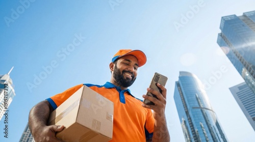 Delivery in the City: An efficient delivery person, surveys a smart phone, box package in hand, navigates the bustling cityscape, exemplifying the fast and reliable delivery service.