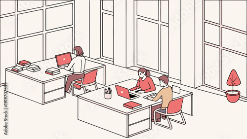 Three colleagues collaborating on projects at their desks in a contemporary open-plan office