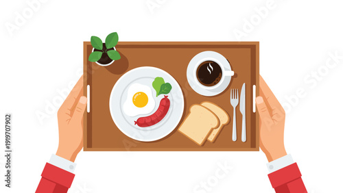 Person carrying a wooden breakfast tray filled with a fried egg, sausage, toast, coffee, and a small potted green plant.