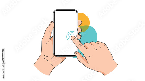 Hand holding smartphone and tapping blank screen with index finger showing signal ripples for touch interface.