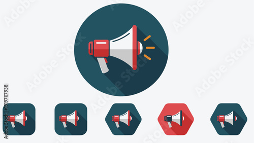 Set of various colorful megaphone and loudspeaker icons in different shapes like circles and hexagons with flat shadow designs.