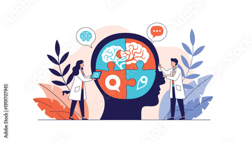 Medical researchers assembling brain puzzle pieces inside human head silhouette representing mental health study.