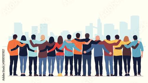 Rear view of diverse group of people standing in row with arms around each other against city skyline background.