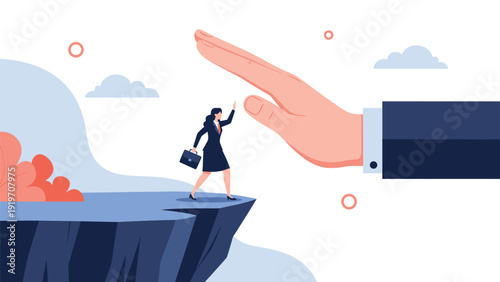 Giant protective hand stopping businesswoman from walking off dangerous cliff edge symbolizing crisis management.