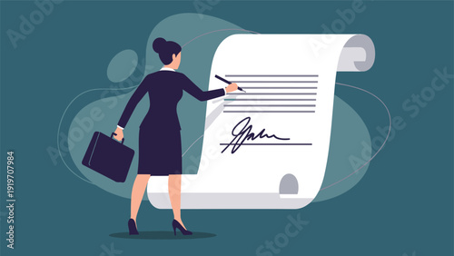Professional businesswoman in dark suit signing giant legal contract document with pen for corporate agreement.