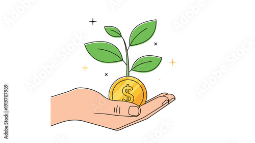Human hand holding gold dollar coin with green plant growing out of it symbolizing sustainable financial growth.